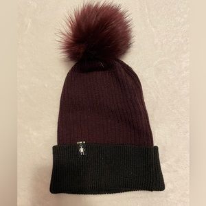 Smartwool maroon and black beanie with pom-pom